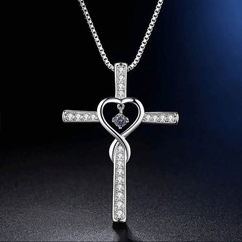 Christian Cross Birthstone Crystal Pendant Necklace color Gems Zircon Heart Necklace Women Jewelry