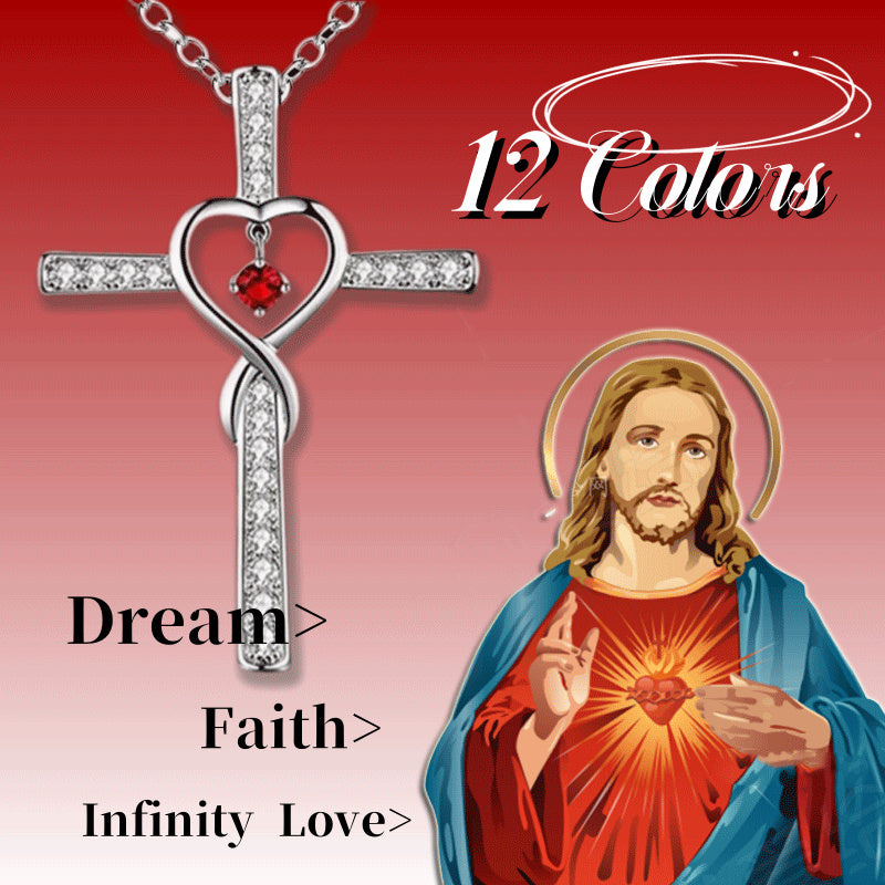 Christian Cross Birthstone Crystal Pendant Necklace color Gems Zircon Heart Necklace Women Jewelry