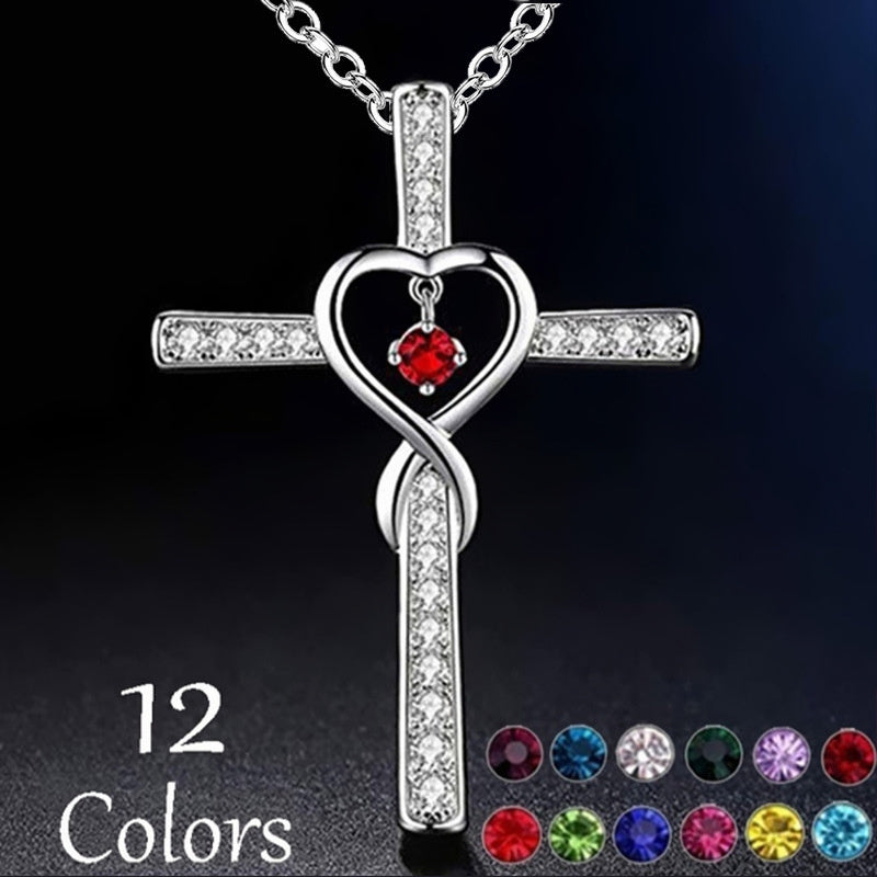 Christian Cross Birthstone Crystal Pendant Necklace color Gems Zircon Heart Necklace Women Jewelry