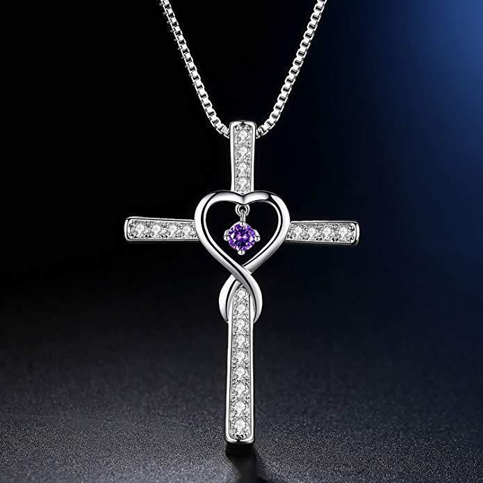 Christian Cross Birthstone Crystal Pendant Necklace color Gems Zircon Heart Necklace Women Jewelry