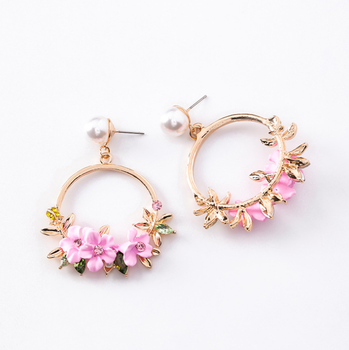 Colorful Crystal Petal Earrings with Pearl Hoops