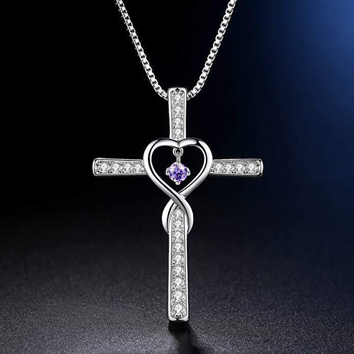Christian Cross Birthstone Crystal Pendant Necklace color Gems Zircon Heart Necklace Women Jewelry