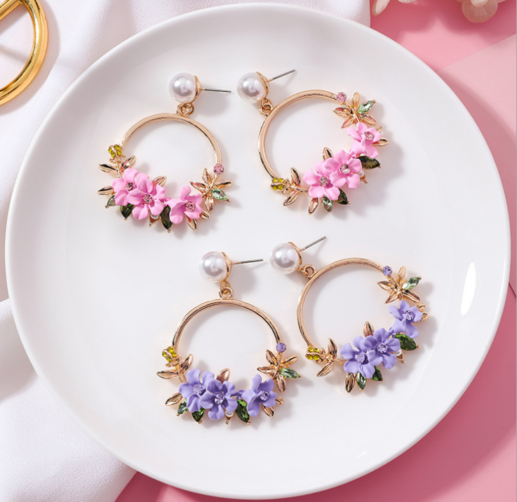 Colorful Crystal Petal Earrings with Pearl Hoops