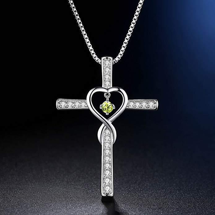 Christian Cross Birthstone Crystal Pendant Necklace color Gems Zircon Heart Necklace Women Jewelry