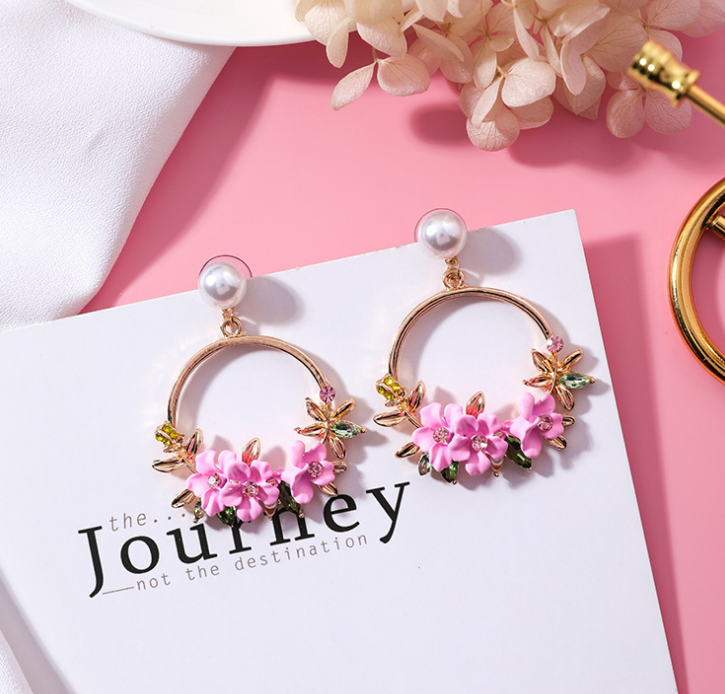 Colorful Crystal Petal Earrings with Pearl Hoops
