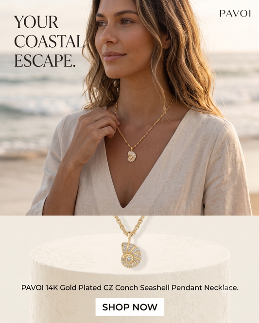 PAVOI 14K Gold Plated CZ Conch Seashell Pendant Necklace for Women | Dainty Beachy Summer Jewelry | 2mm Knit Rope Chain with Extender
