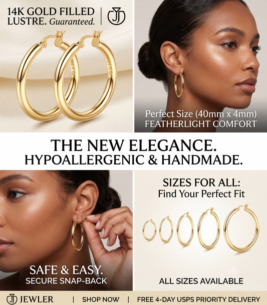 14K Stamped Real Gold Filled Shiny Polished Round Creole Hoop Earrings All Sizes