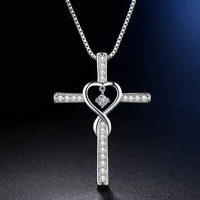 Christian Cross Birthstone Crystal Pendant Necklace color Gems Zircon Heart Necklace Women Jewelry