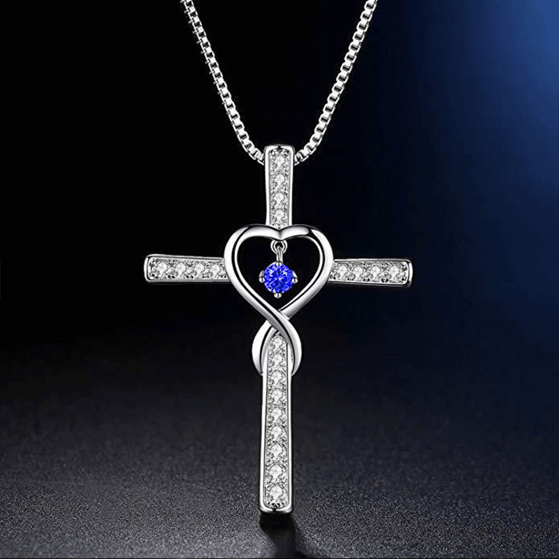 Christian Cross Birthstone Crystal Pendant Necklace color Gems Zircon Heart Necklace Women Jewelry