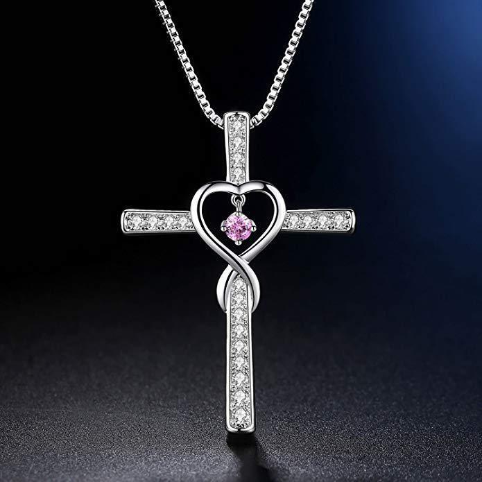 Christian Cross Birthstone Crystal Pendant Necklace color Gems Zircon Heart Necklace Women Jewelry