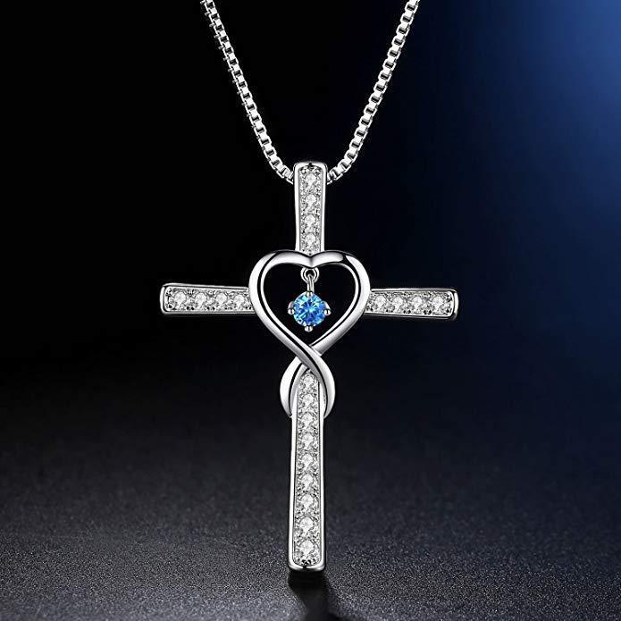 Christian Cross Birthstone Crystal Pendant Necklace color Gems Zircon Heart Necklace Women Jewelry